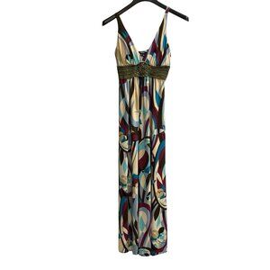 Vintage XOXO Dress Womens M Babydoll Abstract Floral Maxi Crochet Trim Y2K 90s